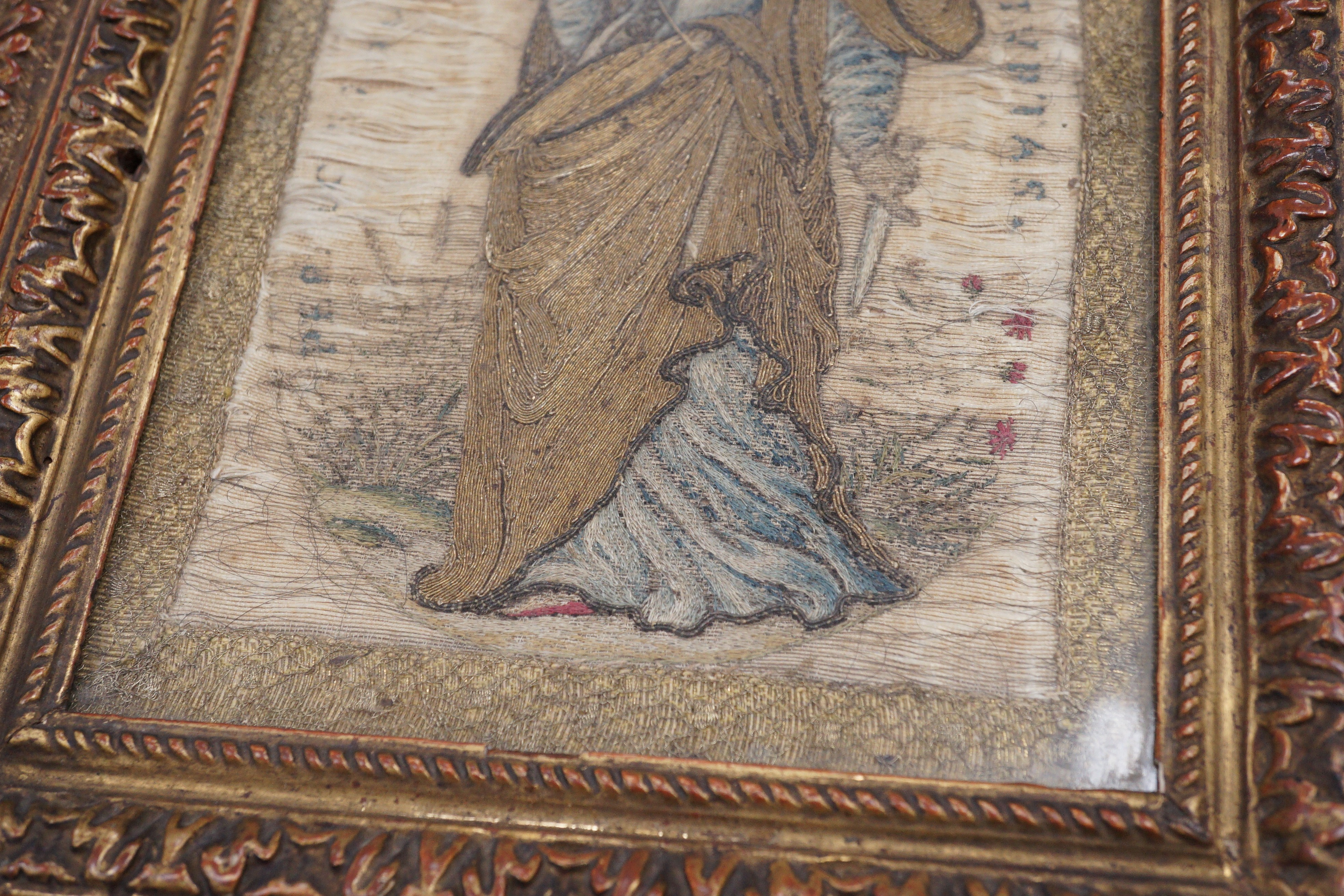 A pair of 18th century Italian embroideries in gilt frames, 24 x 19cm
